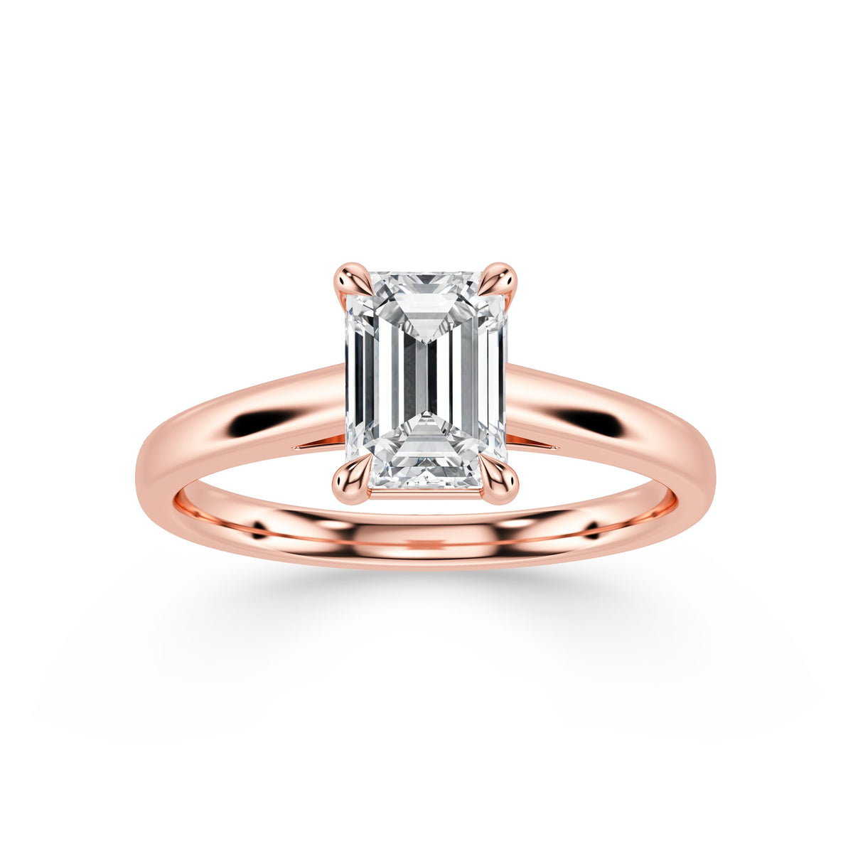Emerald-Cut Diamond Engagement Ring with Cathedral High Setting in rose gold, front view
