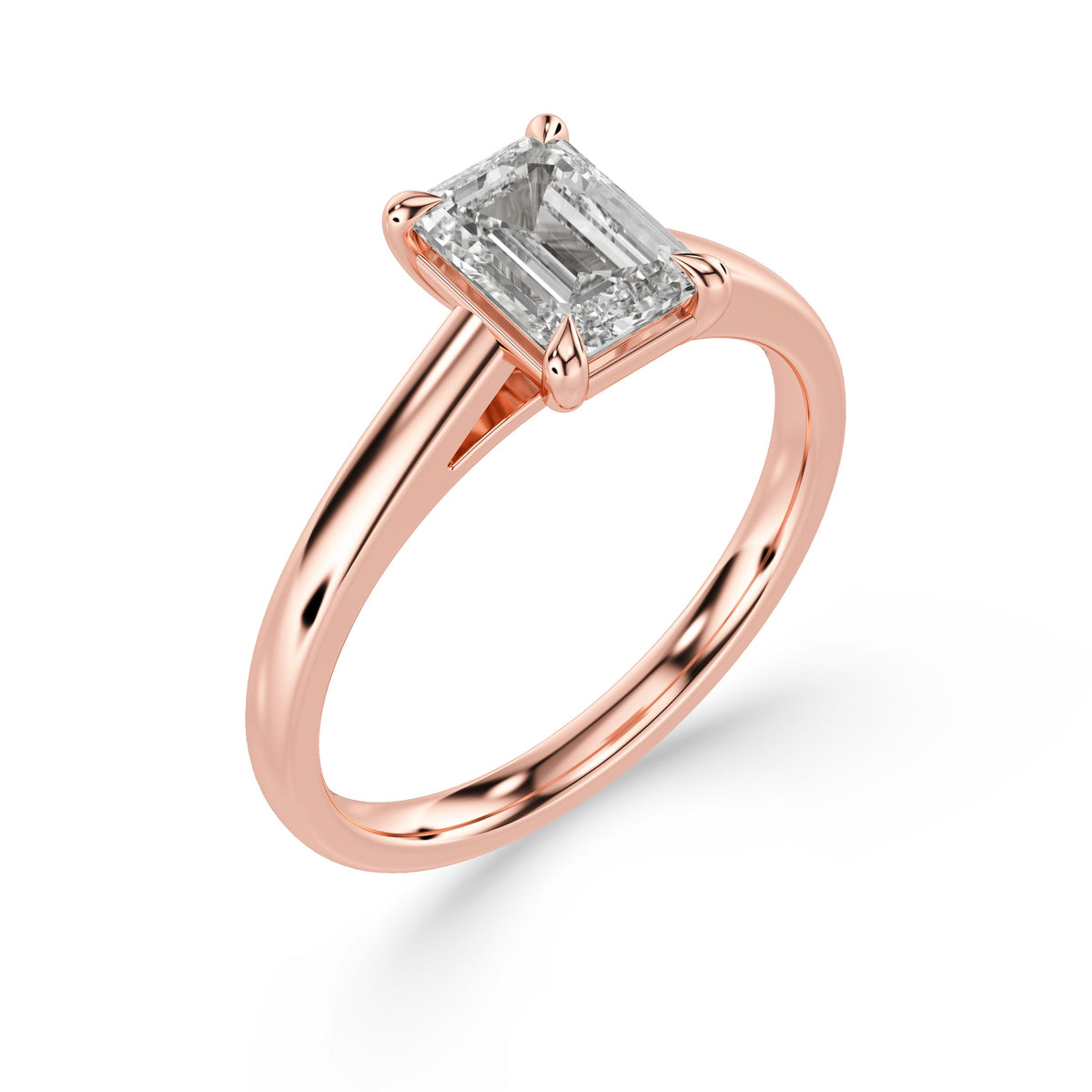 Emerald-Cut Diamond Engagement Ring with Cathedral High Setting in rose gold, three-quarter view