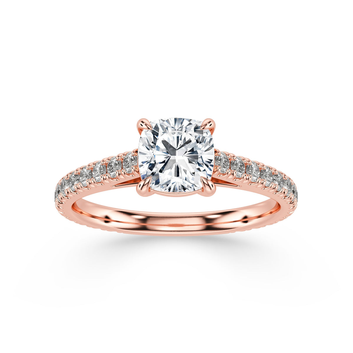 Cushion-Cut Diamond Engagement Ring with Scalloped Band in rose gold, front view