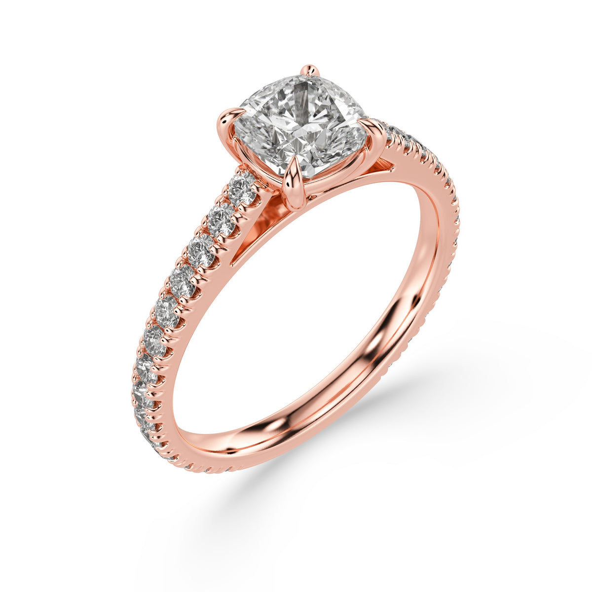 Cushion-Cut Diamond Engagement Ring with Scalloped Band in rose gold, three-quarter view