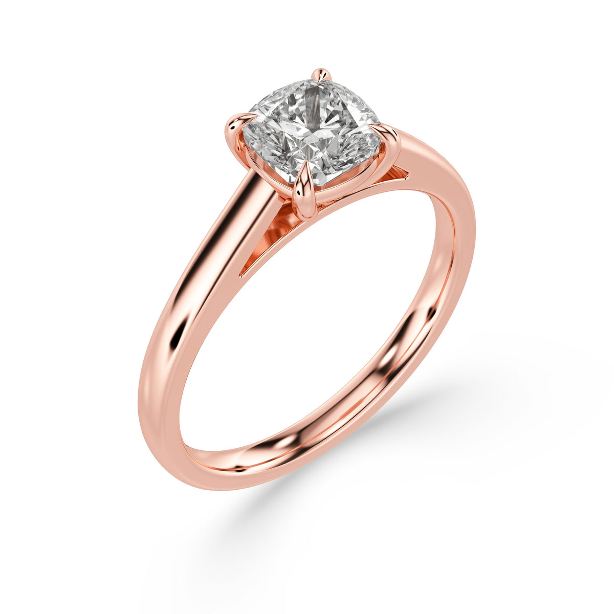 Cushion-Cut Diamond Engagement Ring with Cathedral High Setting in rose gold, three-quarter view