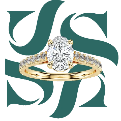 Oval-cut lab-grown diamond engagement ring with a pave band in yellow gold on the SIA monogram